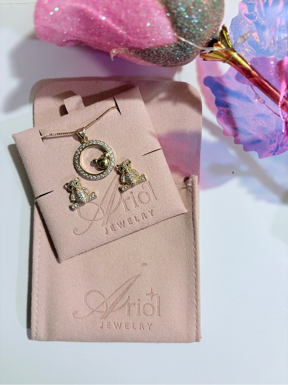 Ariól Gold-Plated Crystal Bear Pendant Necklace - Set